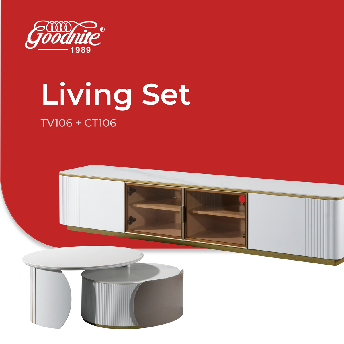 Goodnite Living Set (TV106+CT106), 6.5Ft TV Cabinet/ Coffee Table (Ceramic Top, Glass Door)
