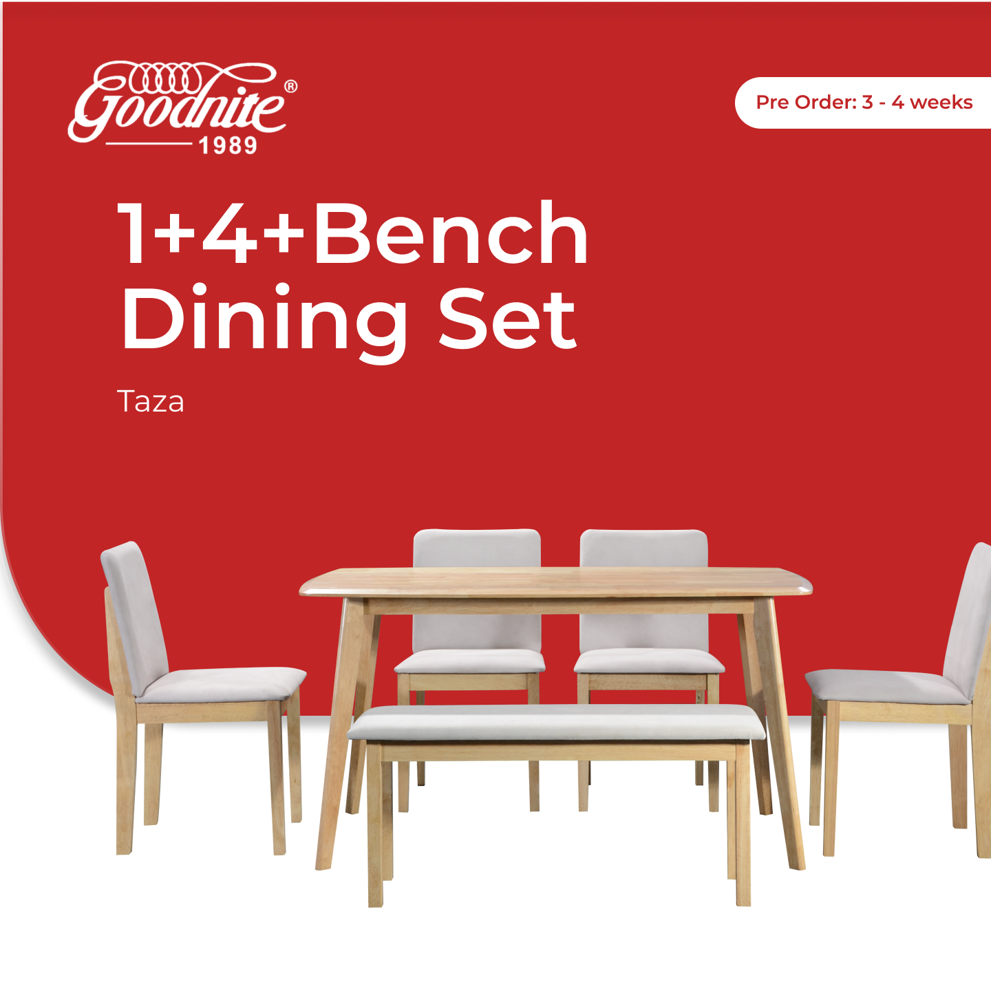 Goodnite (1+4+Bench) Solid Rubber Wood Dining Set