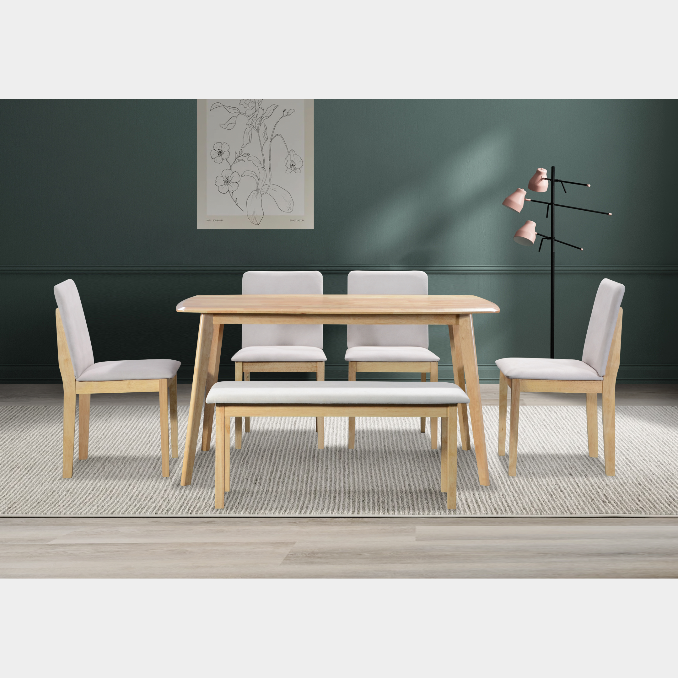 Goodnite (1+4+Bench) Solid Rubber Wood Dining Set