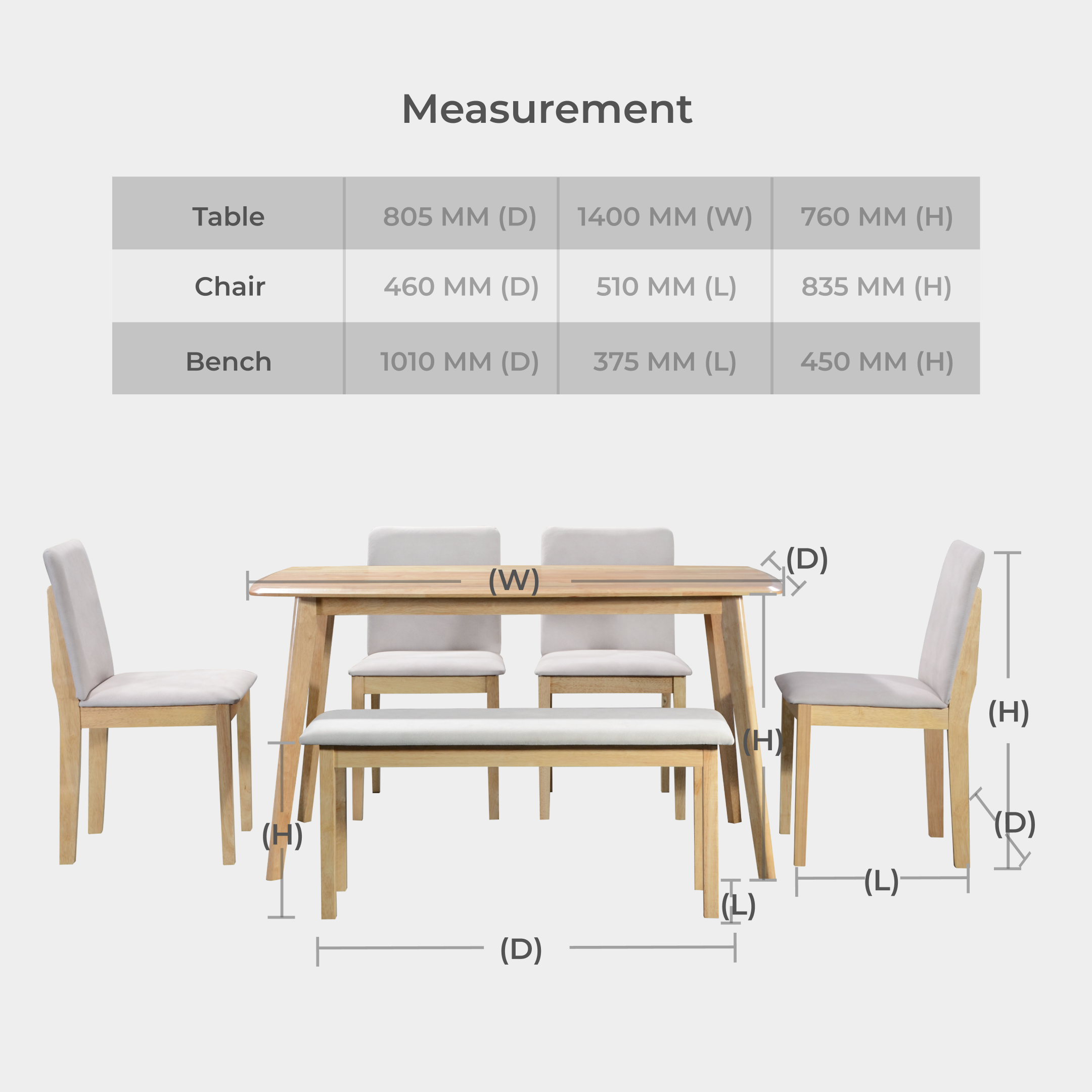 Goodnite (1+4+Bench) Solid Rubber Wood Dining Set