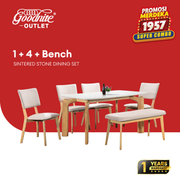 Goodnite (1+4+Bench) Sintered Stone Dining Set, Sintered Stone Top, Solid Rubber Wood, Fabric Chair