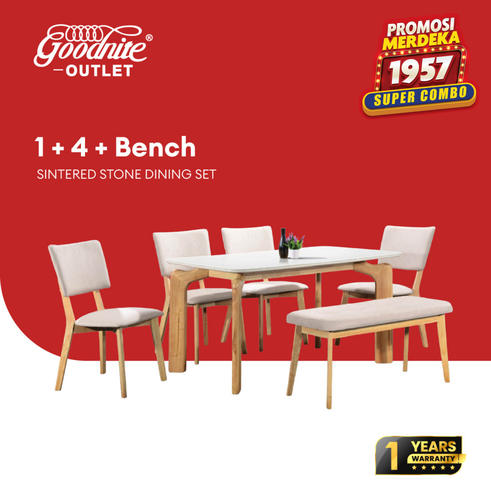 Goodnite (1+4+Bench) Sintered Stone Dining Set, Sintered Stone Top, Solid Rubber Wood, Fabric Chair