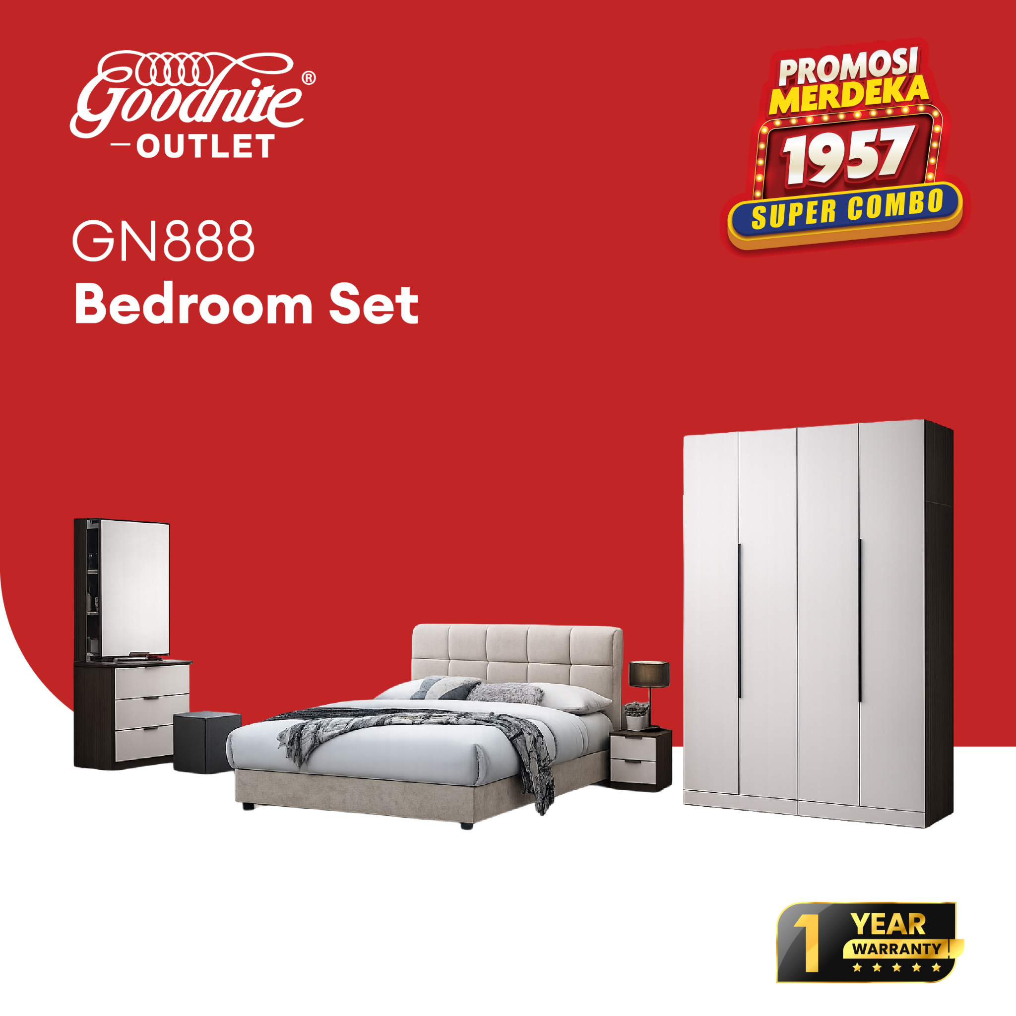 Goodnite Queen Bedroom Set, Bedframe + Wardrobe + Dresser + Side Table (GN888)
