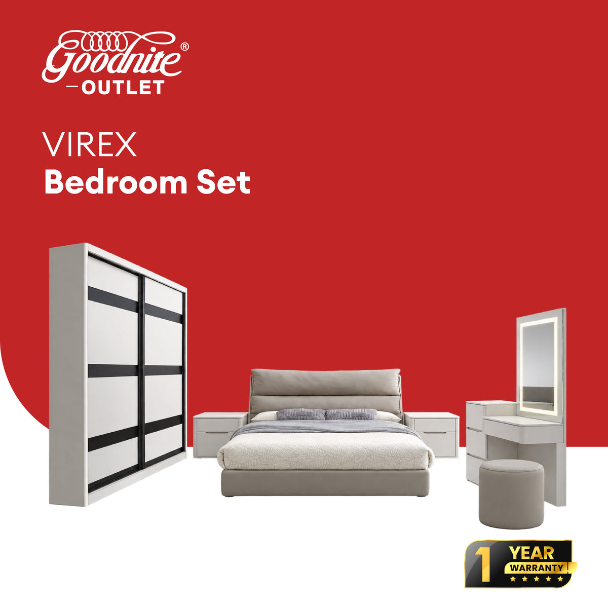 Goodnite Queen/ King Bedroom Set, Bedframe + Wardrobe + Dresser + Side Table (Virex)