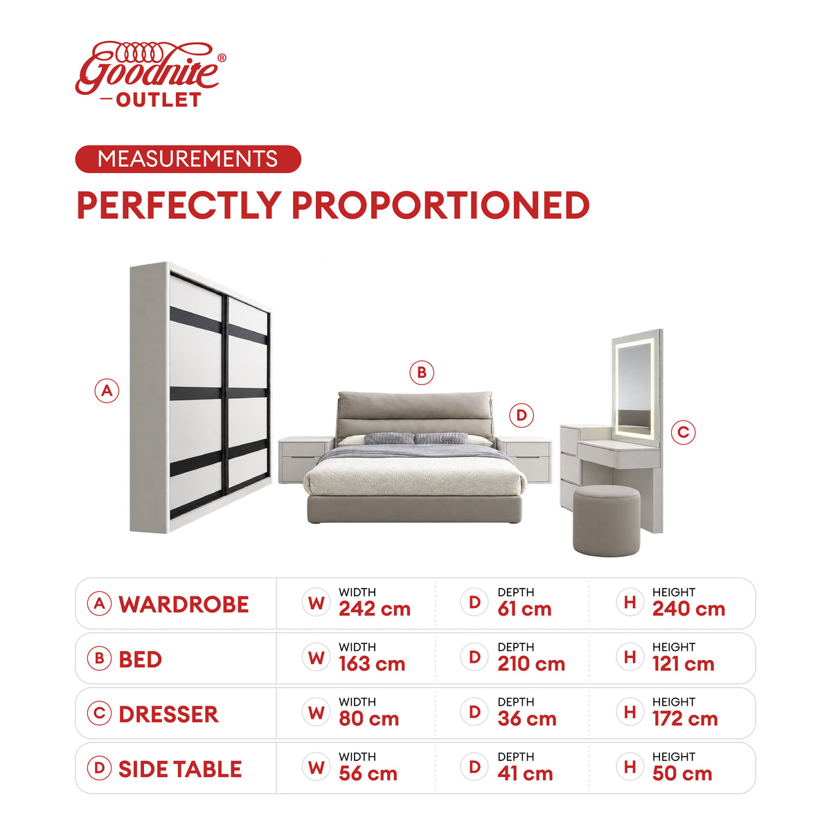 Goodnite Queen/ King Bedroom Set, Bedframe + Wardrobe + Dresser + Side Table (Virex)