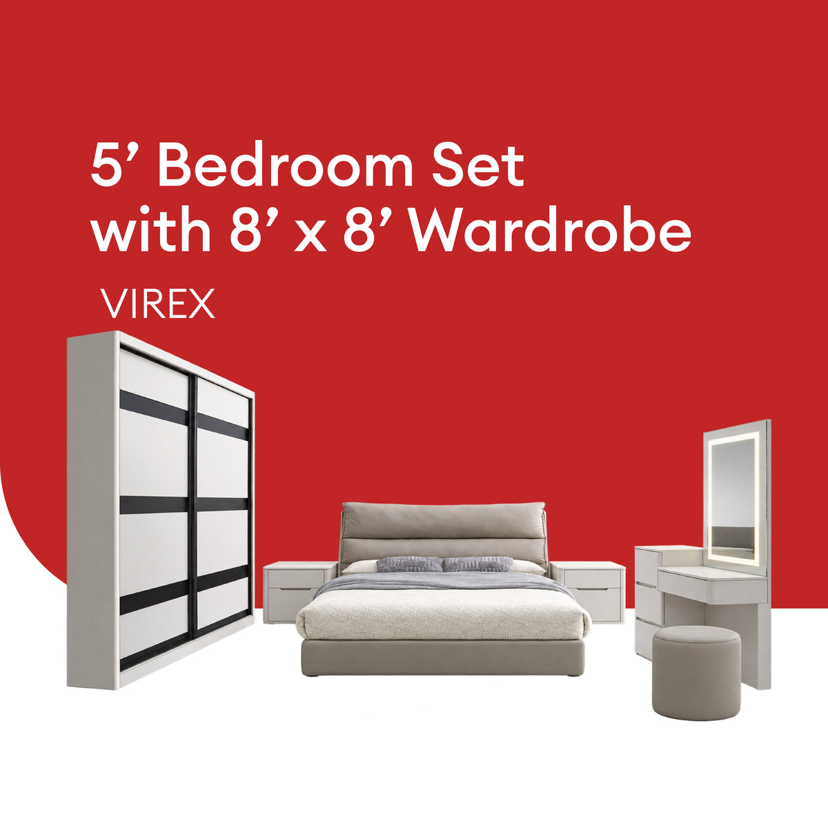Goodnite Queen/ King Bedroom Set, Bedframe + Wardrobe + Dresser + Side Table (Virex)