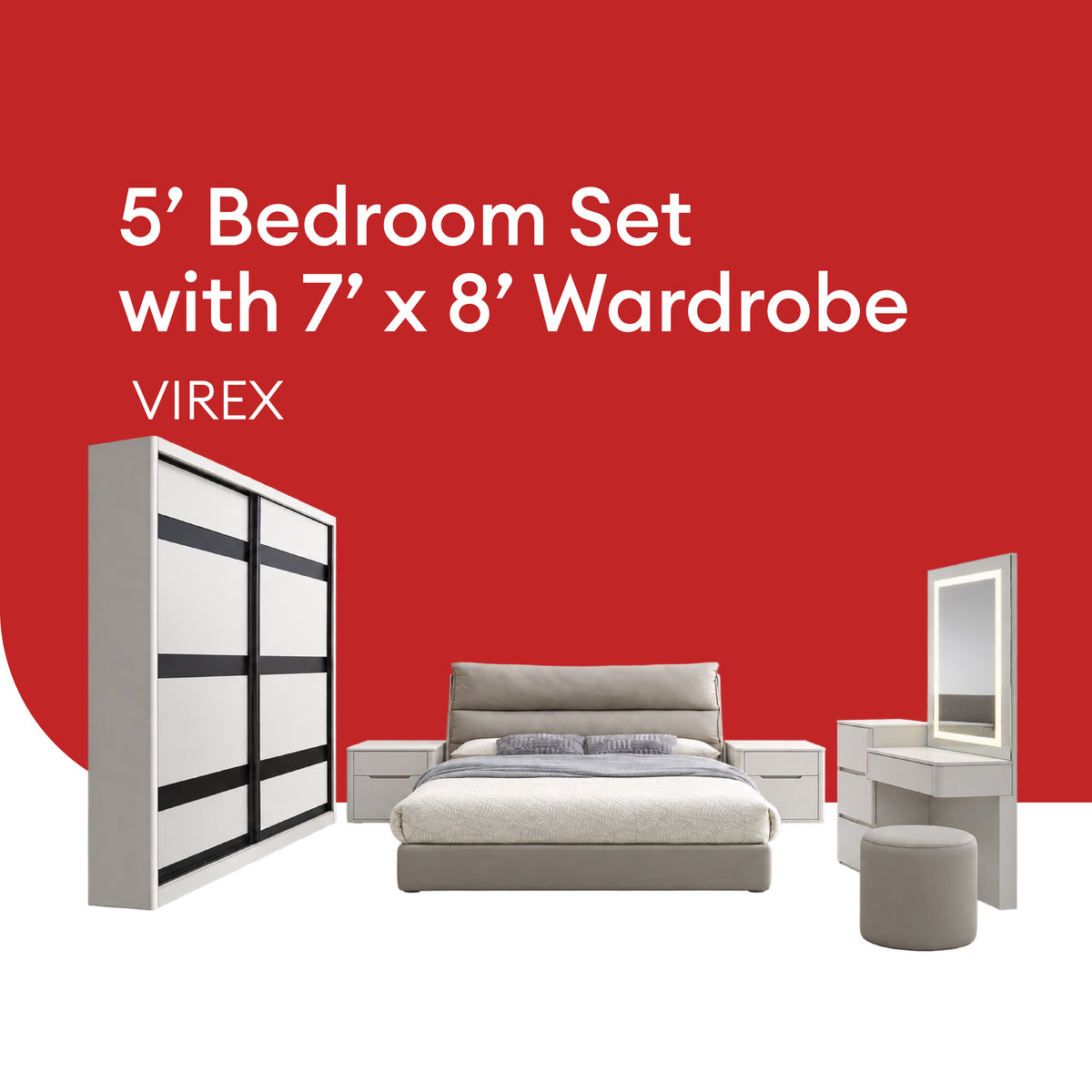 Goodnite Queen/ King Bedroom Set, Bedframe + Wardrobe + Dresser + Side Table (Virex)