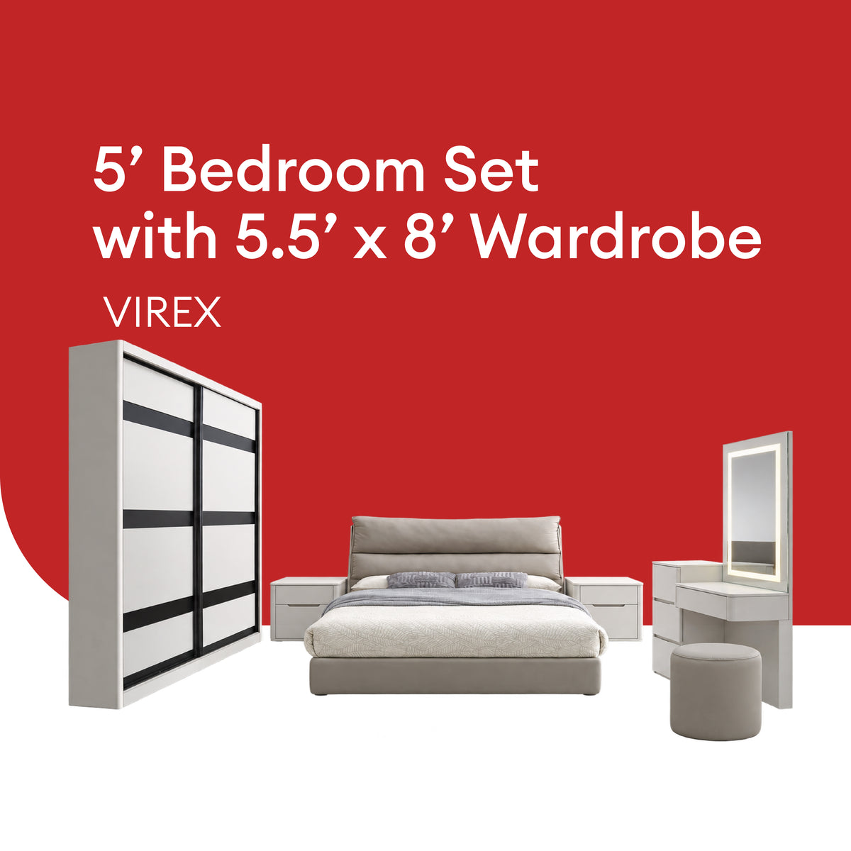 Goodnite Queen/ King Bedroom Set, Bedframe + Wardrobe + Dresser + Side Table (Virex)