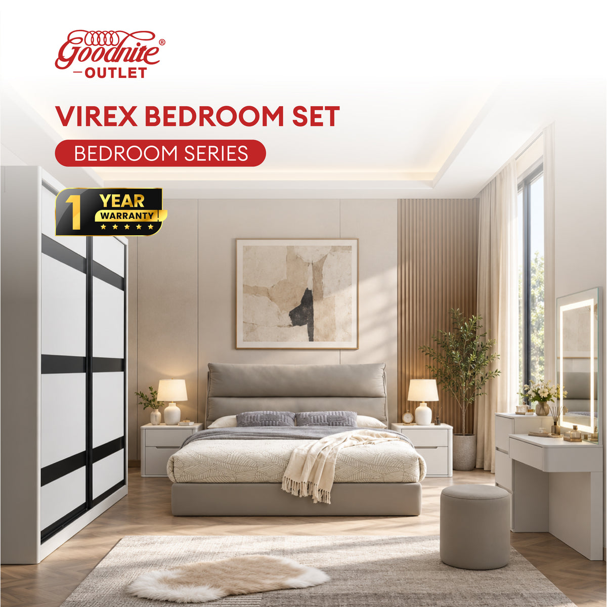 Goodnite Queen/ King Bedroom Set, Bedframe + Wardrobe + Dresser + Side Table (Virex)