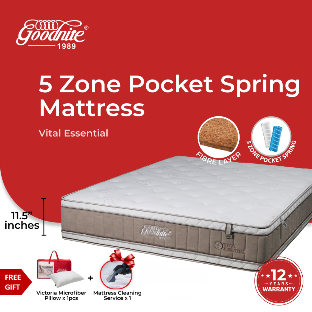 Goodnite Vital Essential Mattress 5 Zone Pocket Spring Mattress (11.5 Inch) with Single/ Super Single/ Queen/ King