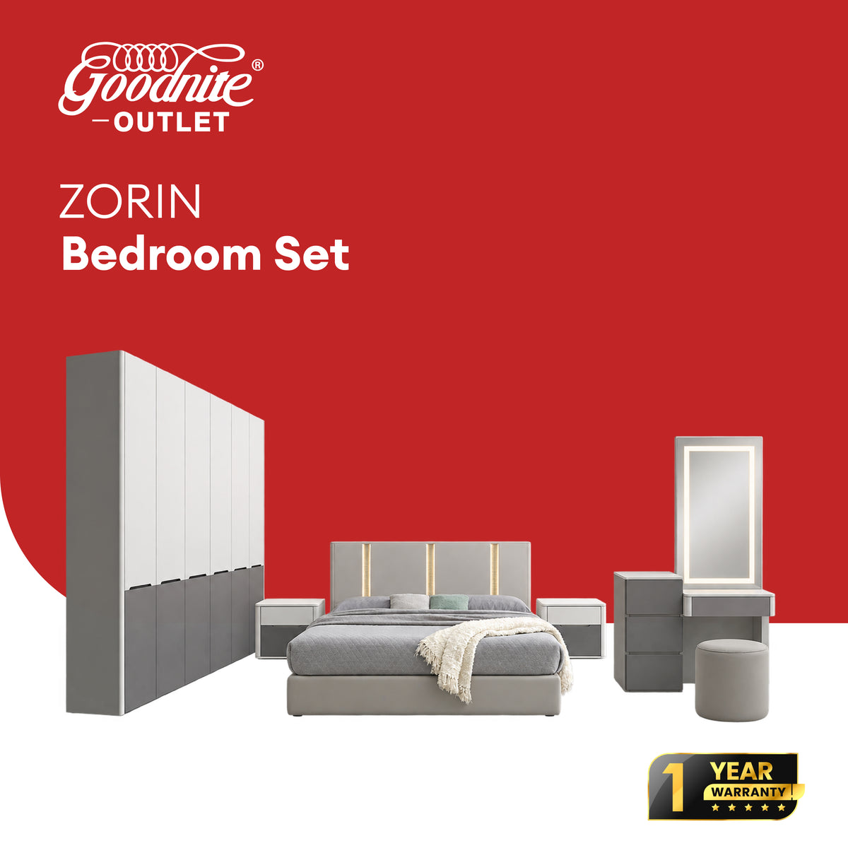 Goodnite Queen/ King Bedroom Set, Bedframe + Wardrobe + Dresser + Side Table (Zorin)