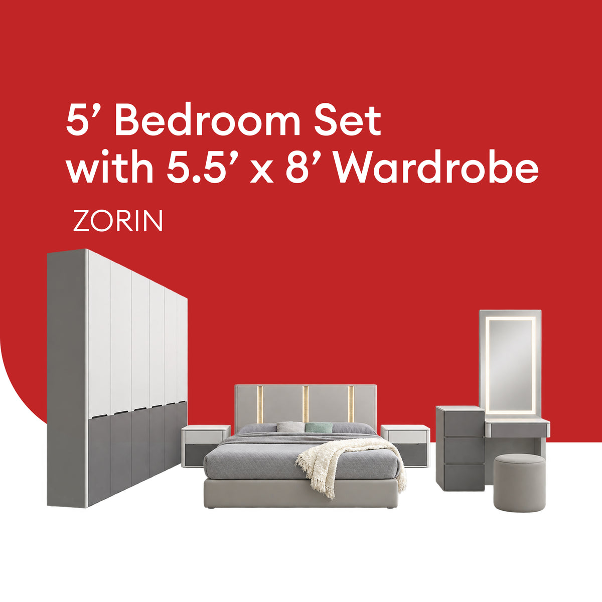 Goodnite Queen/ King Bedroom Set, Bedframe + Wardrobe + Dresser + Side Table (Zorin)