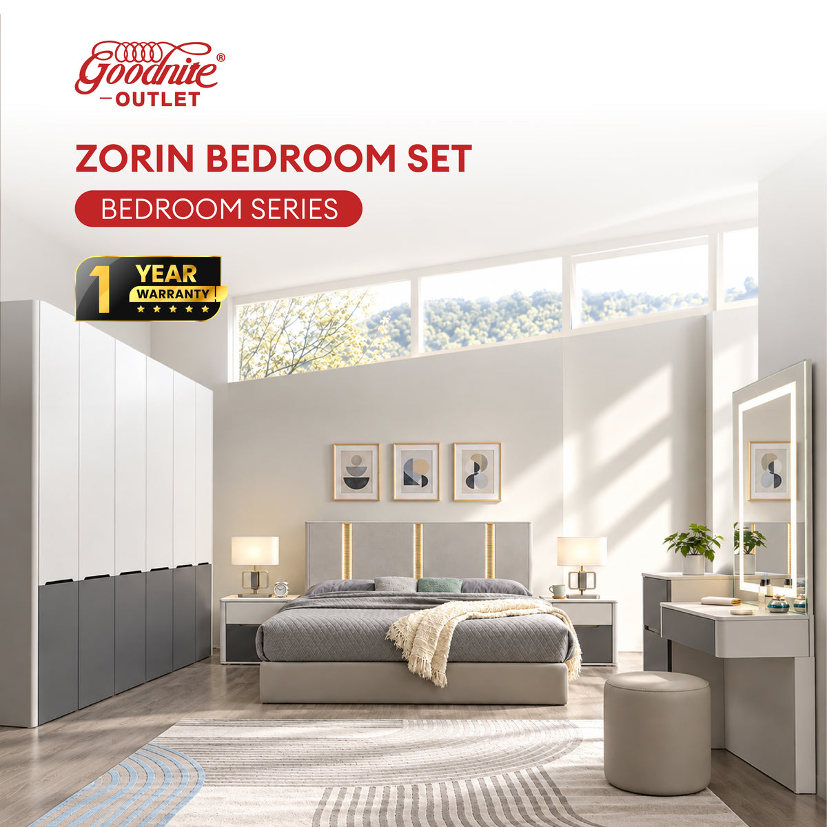 Goodnite Queen/ King Bedroom Set, Bedframe + Wardrobe + Dresser + Side Table (Zorin)