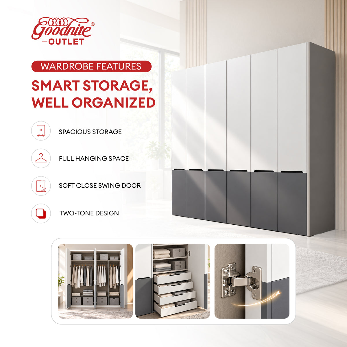 Goodnite Queen/ King Bedroom Set, Bedframe + Wardrobe + Dresser + Side Table (Zorin)