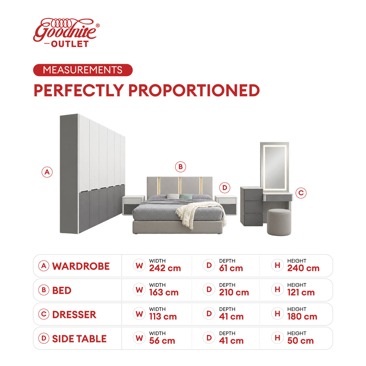 Goodnite Queen/ King Bedroom Set, Bedframe + Wardrobe + Dresser + Side Table (Zorin)