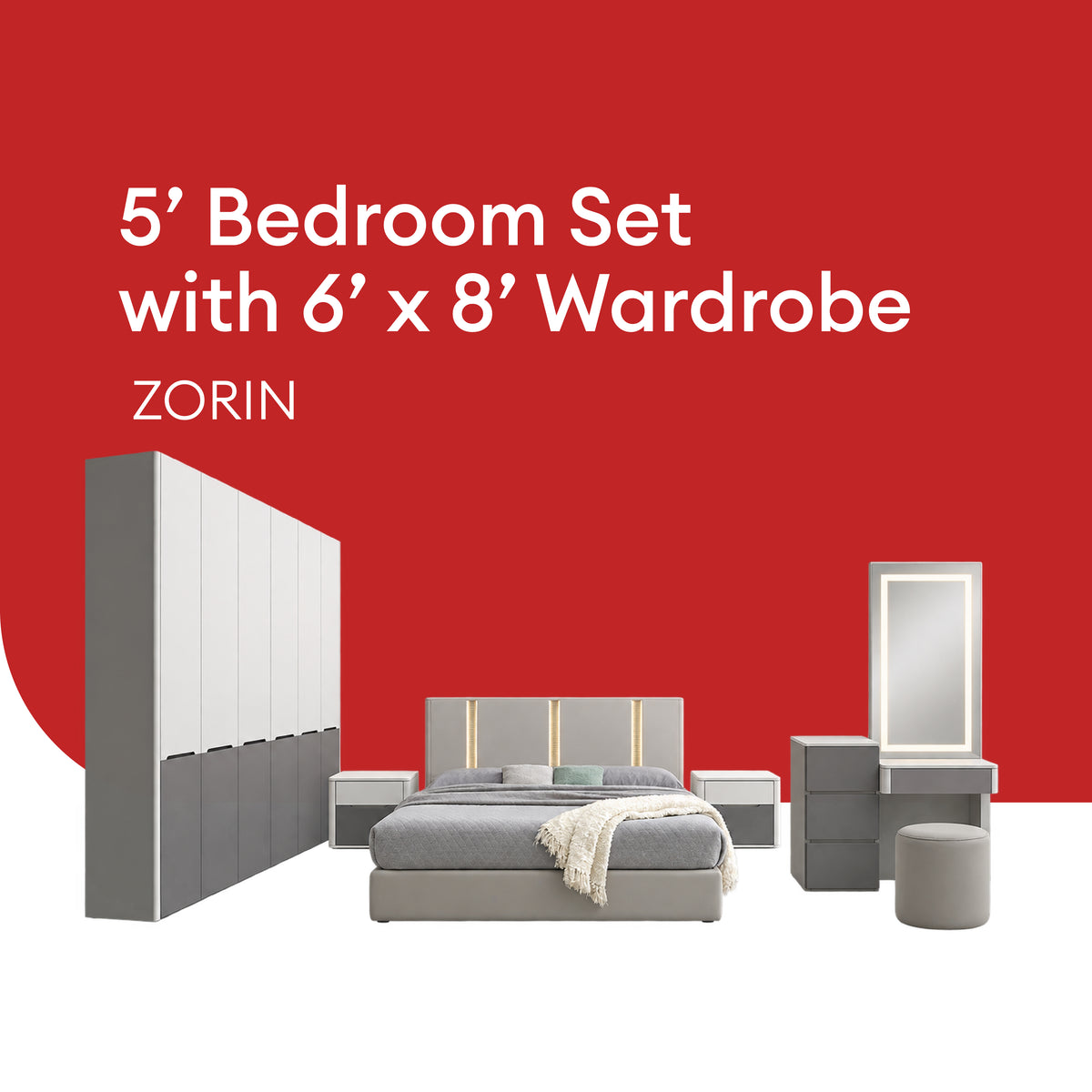 Goodnite Queen/ King Bedroom Set, Bedframe + Wardrobe + Dresser + Side Table (Zorin)