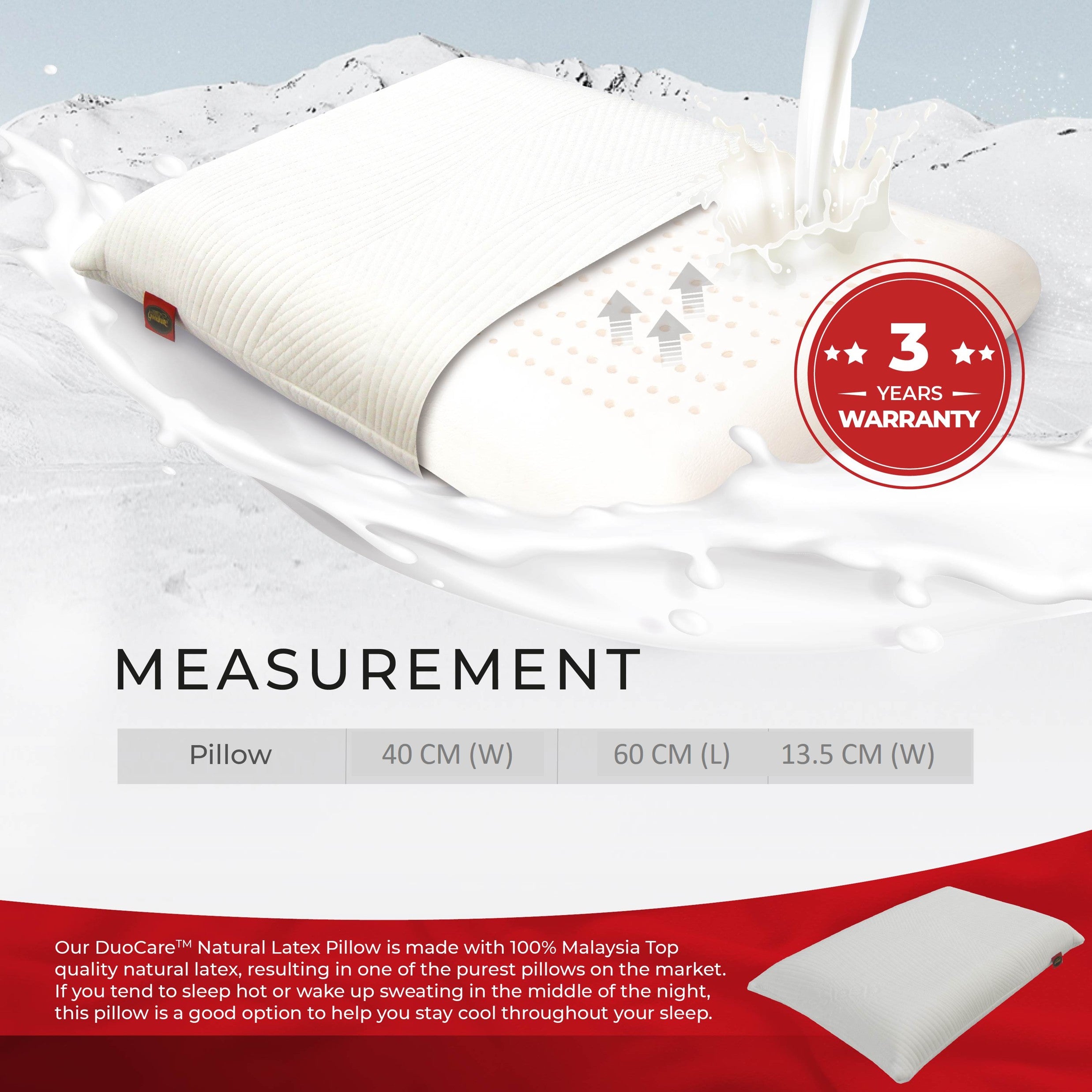 [NEW] Goodnite Duocare™ Natural Latex Pillow 60cm x 40cm x 13.5cm (Statfree® + IceSleep®)